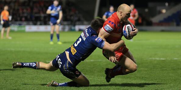 Michael Dobson scores a try against St Helens in March 2017. Picture: Getty Images