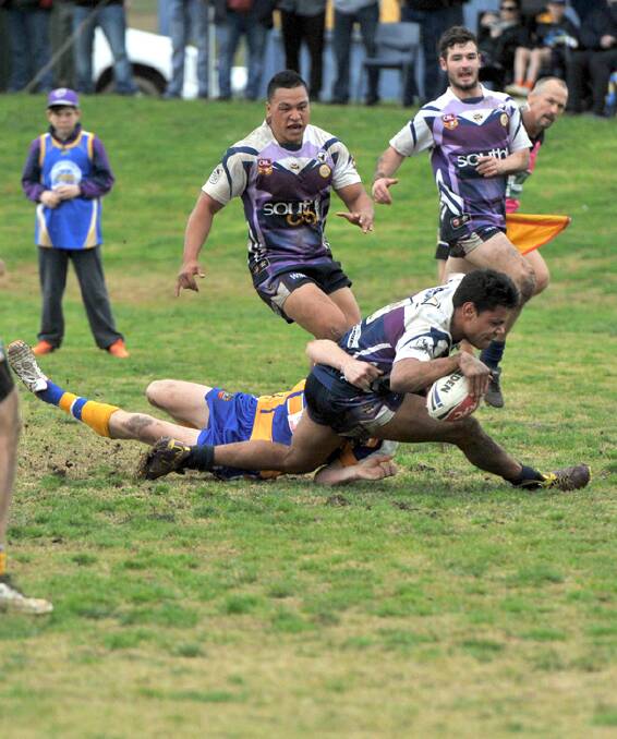 TRY TIME: Southcity's Jack Lyons gets over the tryline to put his team within two points of Junee but it wasn't enough to stave off the Diesels' late comeback at Laurie Daley Oval on Sunday. Picture: Rebecca Fist