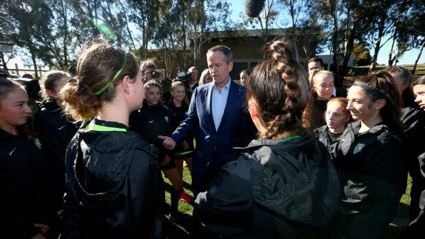 Opposition Leader Bill Shorten meets with soccer players from the Canberra United Academy during a visit to the University of Canberra. Photo: Alex Ellinghausen