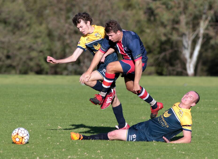 Blake Sutherland, Pierre Adriaenssens and Matt Carvosso, as Henwood Park played Junee in May. Picture: Les Smith 
