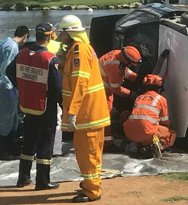 MAJOR 'ACCIDENT': Emergency crews took part in an all-agencies training day in Junee on Sunday to simulate a multiple car accident scenario, to give them a chance to see how they can work better with other emergency services