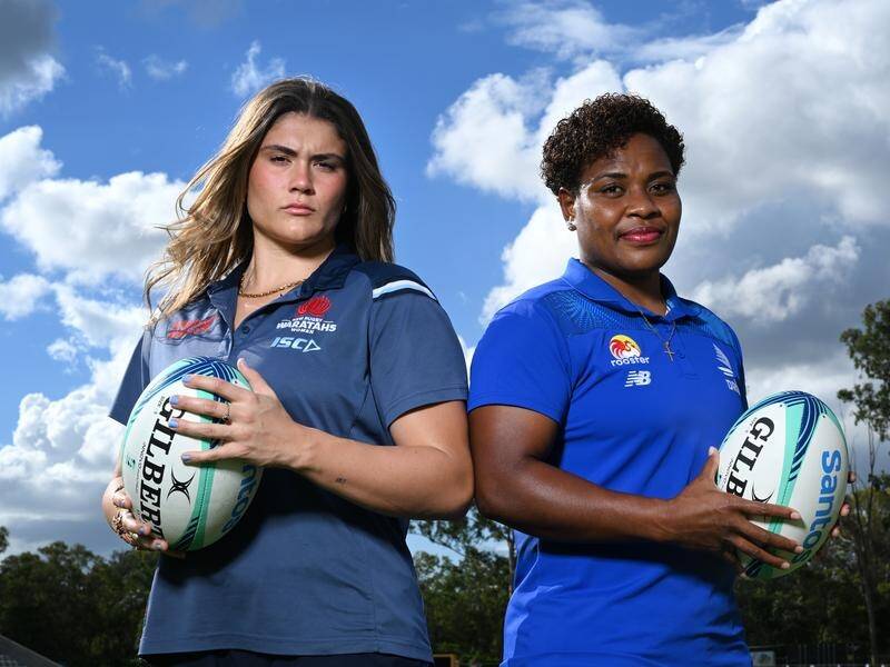NSW's Piper Duck (left) and Fiji's Karalaini Naisewa ahead of the Super Rugby Women grand final. (Darren England/AAP PHOTOS)