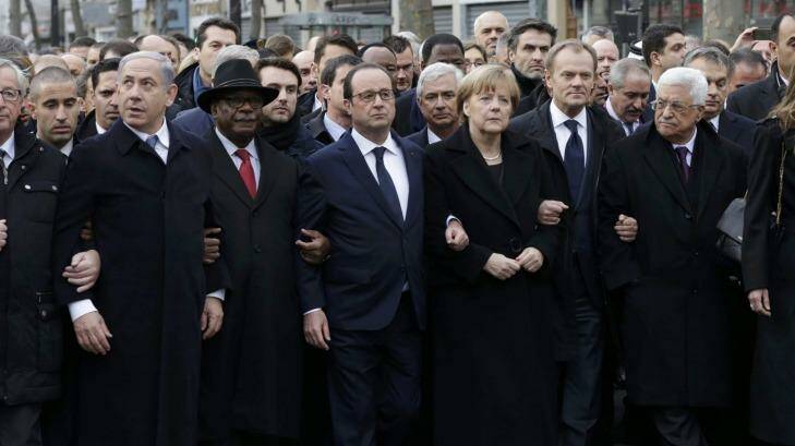Heads of state from around the world take part in a solidarity march in Paris.    Photo: Philippe Wozajer