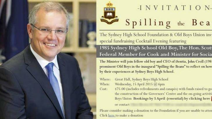 The invitation to Sydney Boys' High School cocktail evening with Scott Morrison. Photo: kwicks@smh.com.au