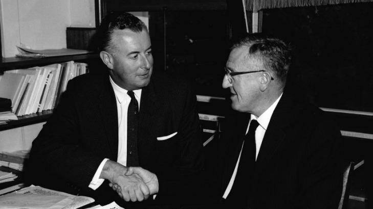Leader of the Labor Party Arthur Calwell, left, with his new deputy, Gough Whitlam in 1960. Photo: F. BURKE