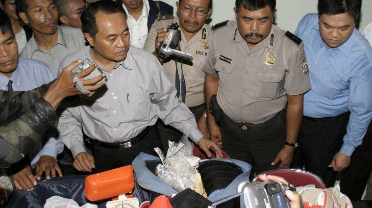 Indonesian police display drugs which were seized in April 2005. Nine Australians were arrested at Denpasar Airport in Bali.
 Photo: Jason Childs