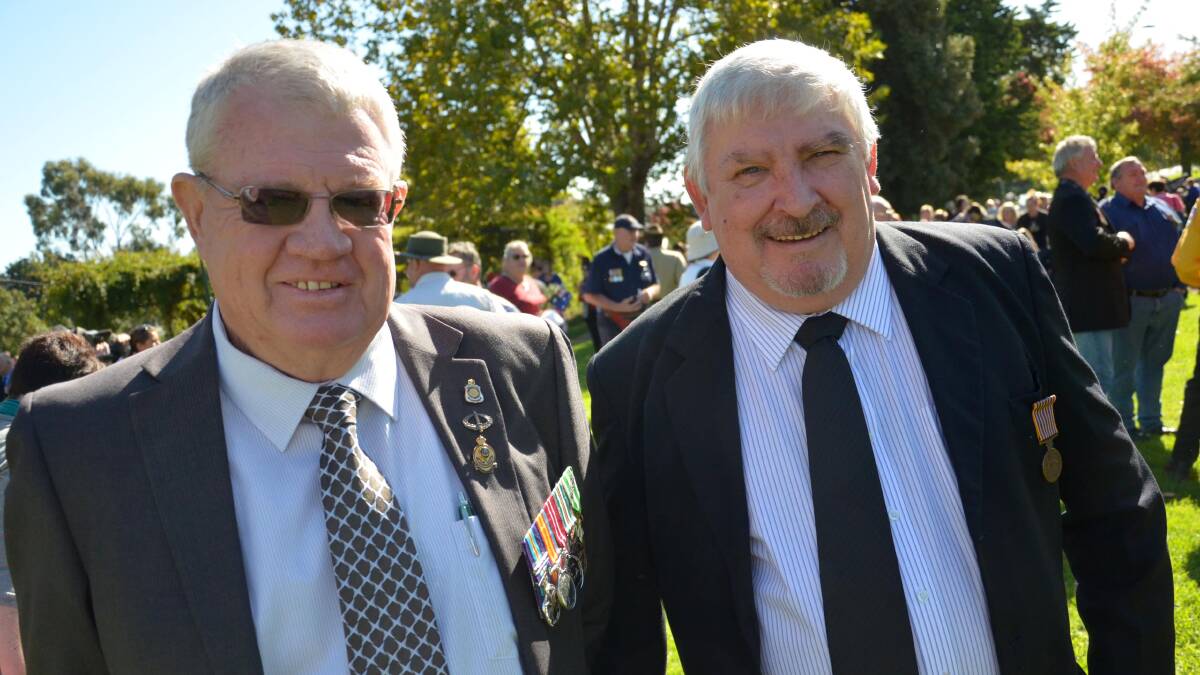 Anzac day in Junee. Terry James from Albury and John Lewis from Junee. Picture: Declan Rurenga