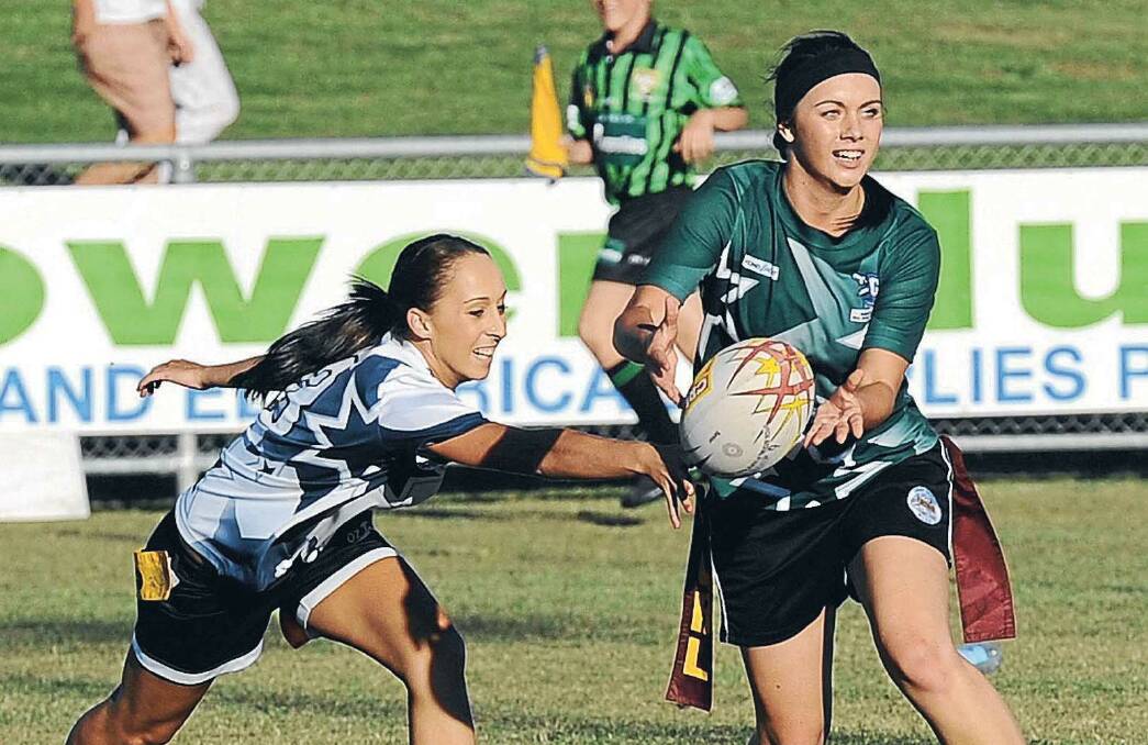 Elise Smith (right), pictured playing for Northern All Stars against Southern All Stars rival Madison Absolum, will coach Junee's Leaguetag team this year. Picture: Contributed