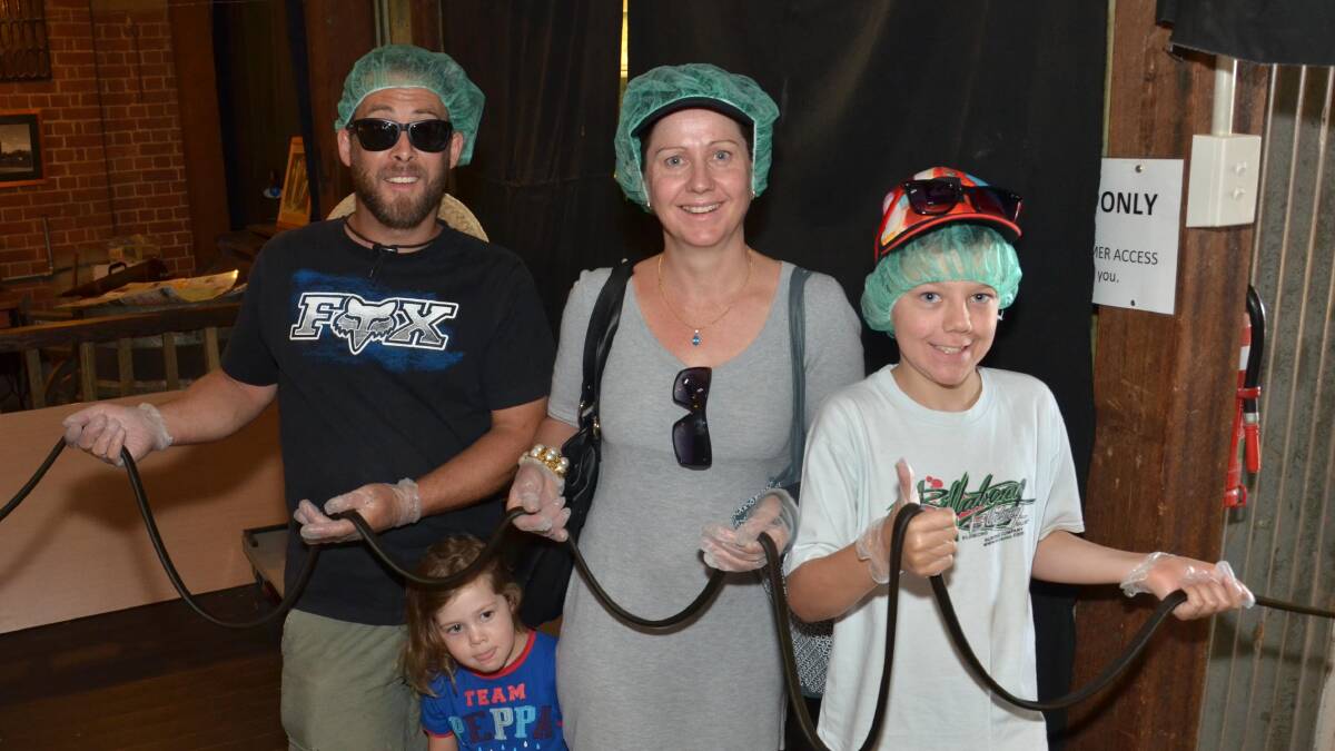 James Charlton, Lilly Charlton, 3, Michelle Charlton and Dylan Charlton, 12 all from Wagga, take part in the world's longest licorice strap attempt. Picture: Declan Rurenga