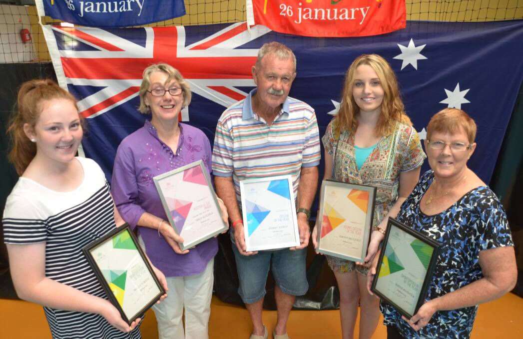 Junee's Australia Day award winners (from left) Junior Sports Award Molly Turton, 16, Volunteer Team of the Year Carole Windsor representing Open Kitchen, Citizen of the Year Darby Asmus, Young Citizen of the Year Ebony Becquet and Sports Award Edna Poynter. Picture: Declan Rurenga