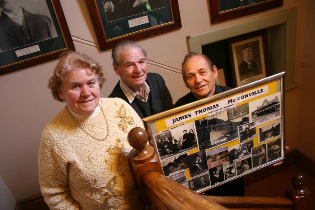The grandchildren of the Broadway Hotel's first licensee James Thomas McConville, Catherine Gilbert, Bernie Fraser and Terry Fraser returned to town with a story to tell about their grandfather. Picture: Declan Rurenga