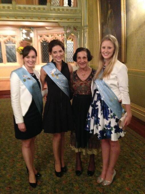 The Riverina’s showgirl finalists Griffith’s Emily Chilvers (left), Wagga’s Carly Acheson and Junee’s Jasmine Corbett with Narrandera-born NSW governor Marie Bashir. Picture: Contributed