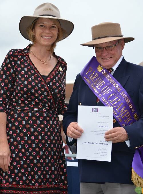 Old Junee resident Kelvin Cronk is recognised for his contribution to the Royal Easter Show by NSW Primary Industries minister Katrina Hodgkinson. Picture: Contributed