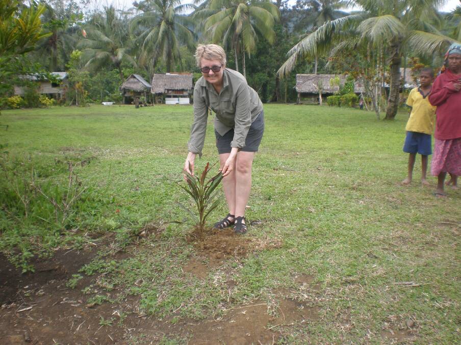 Colleen Druett-Webb plants a tree at the village of Oivi in Papua New Guinea during her trek along the Kokoda Track. Picture: Contributed