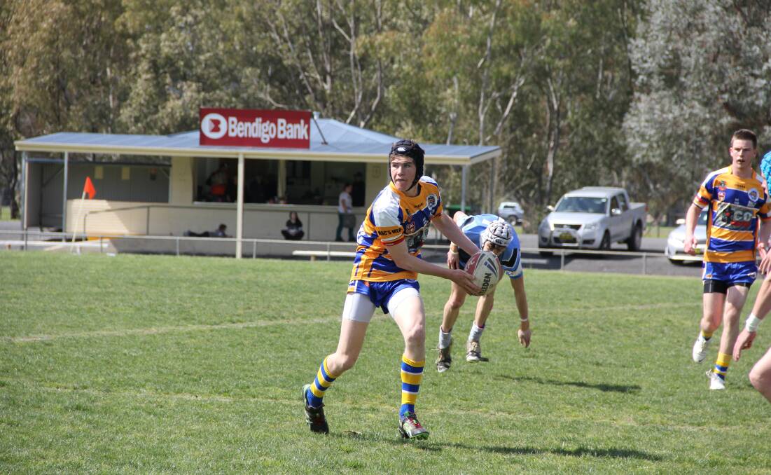 Junee's Aidan Sweeney, pictured playing against Tumut last year, scored four tries for the Diesels in their win against Gundagai at the weekend. Picture: Liz Cowled