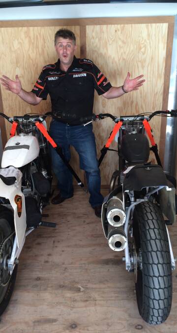 STUNTED: Lawrence "Legend" Ryan with his new flying bikes, which will be used in the daredevil's 25th anniversary tour.