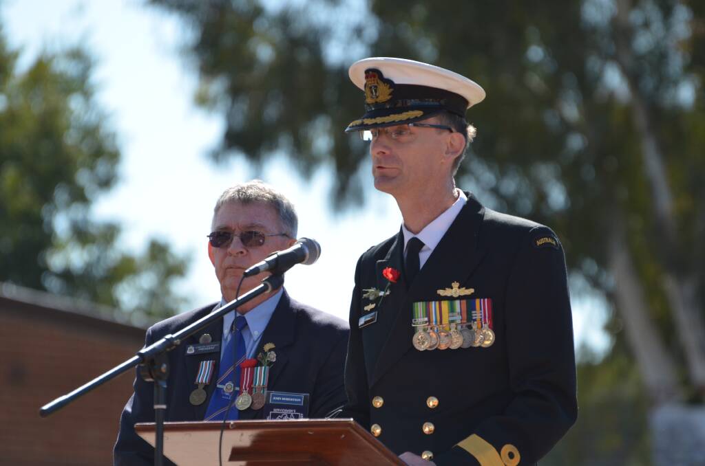 Royal Australian Navy Commodore Michael Miko addresses Junee during the Anzac Day service. Picture: Declan Rurenga