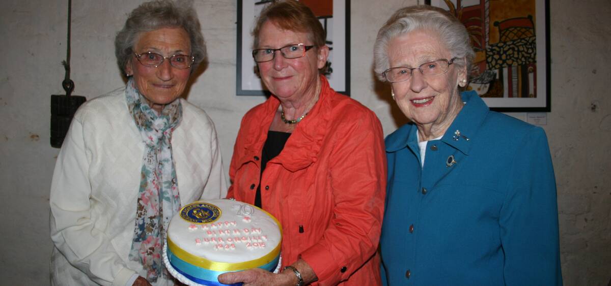 SEVEN DECADES: Eurongilly CWA patrons Helen Hillyer (left) and Muriel Commens OAM (right) celebrate the branch's 70th year with branch president Helen Sheridan.