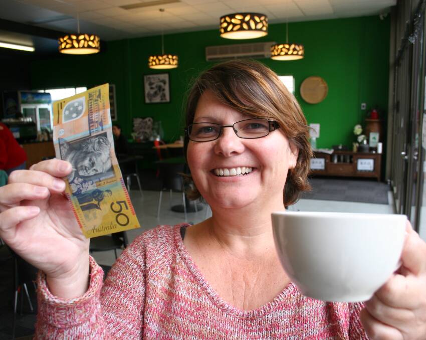 POT O' GOLD: Junee's Fiona Cairns has raised $50 for Eurongilly Public's P&C just by having a coffee. Picture: Declan Rurenga