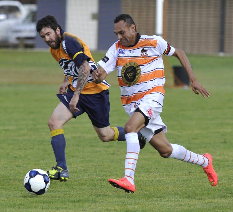 Junee's Chris Sweeney's soccer season has been cut short after a shoulder injury sustained during the Jaguars 9-nil win over Tumut. Picture: Les Smith