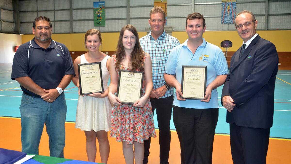 GEO Youth in Focus scholarship winners (from left) GEO contracts compliance manager Craig Footman, Annabel White, 14, Emily Butler, Australia Day ambassador Gary Dawson, Adam Whicker, 16, and GEO HR manager John Barnes. Picture: Declan Rurenga