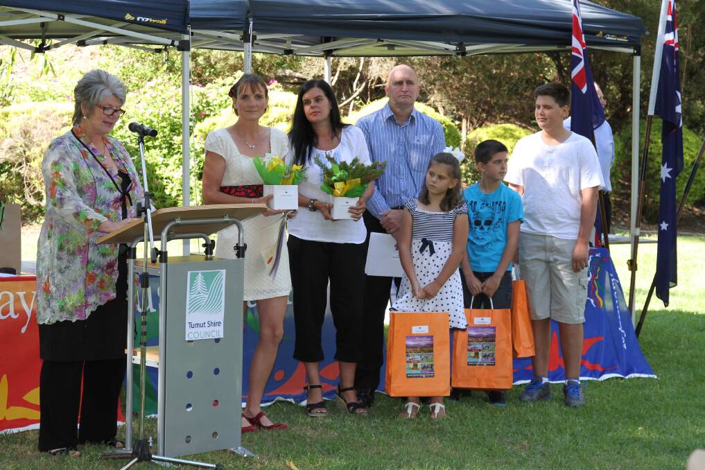 Tumut Shire Junior Citizen of the Year Katelyn Veitch Australia Day Ambassador Hannah Campbell-Pegg surrounded by family including mum Kylie (fourth from the left). Australia Day in Tumut. Picture: Contributed