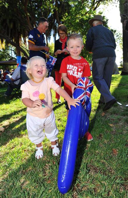 Paige (1) and Hugo (4) Varndell at the Australia Day Celebrations in Narrandera. Picture: Alastair Brook