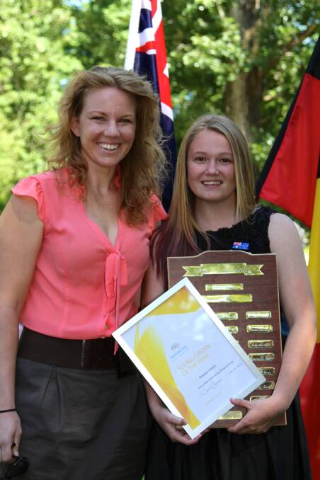 Tumut Shire Junior Citizen of the Year Katelyn Veitch Australia Day Ambassador Hannah Campbell-Pegg. Australia Day in Tumut. Picture: Contributed