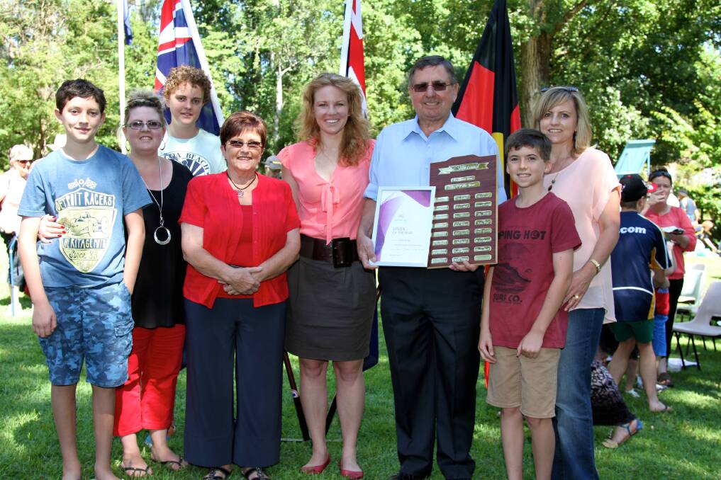 Tumut Shire Citizen of the Year Phil Barton and his wife June (fourth from the left) and Australia Day Ambassador Hannah Campbell-Pegg with family following the announcement. Australia Day in Tumut. Picture: Contributed