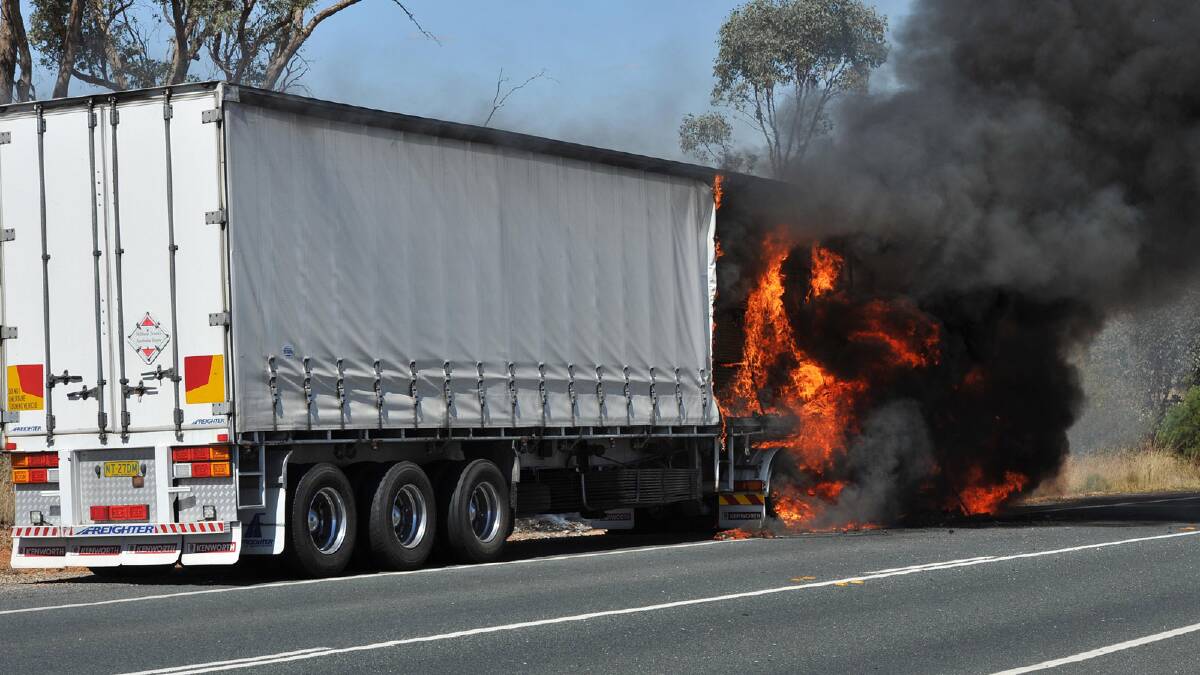Truck fire A semi trailer travelling from Bathurst burst into flames about 10 kilometres south of Temora in March. Picture: The Daily Advertiser