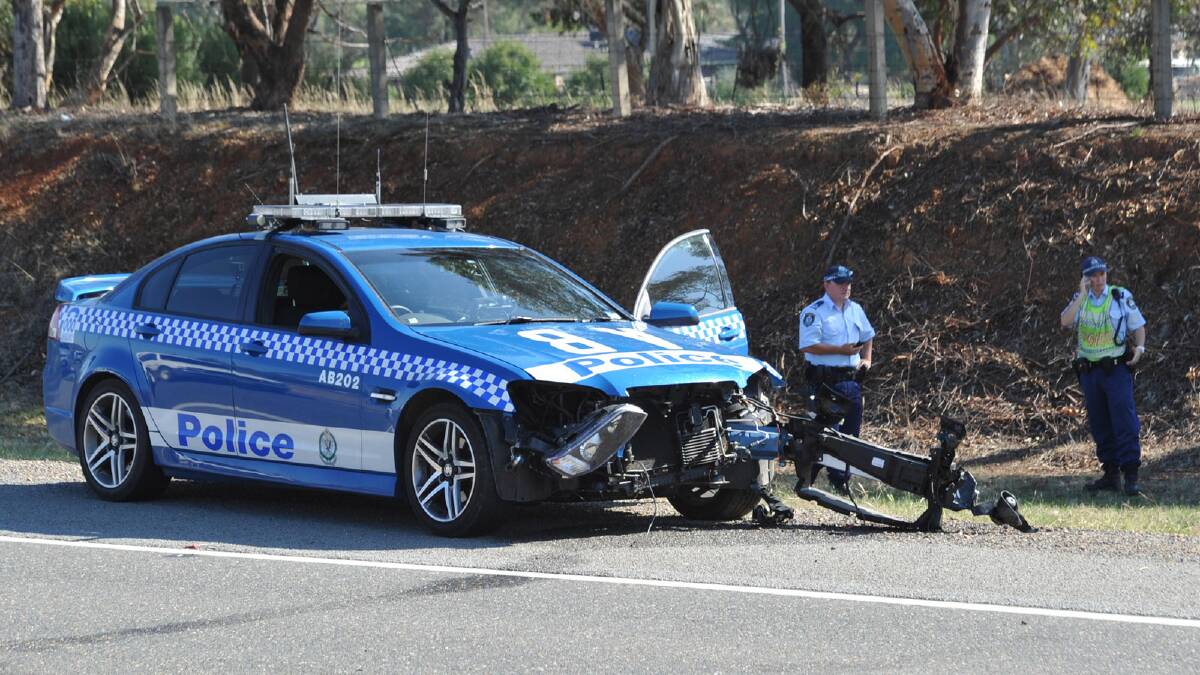 This highway patrol car was worse for wear after an accident along Sturt Highway near Ashmont. Picture: The Daily Advertiser
