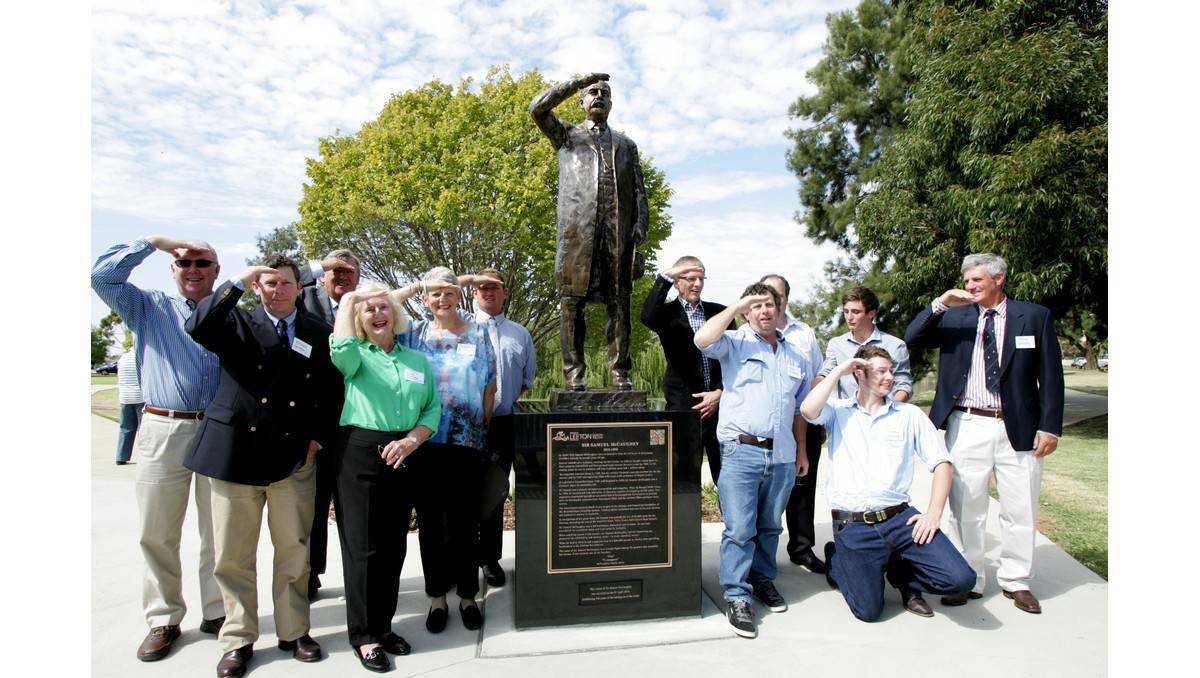 Sir Samuel McCaughey statue unveiling: Descendants of the McCaughey family (from left) Dick McCaughey, Michael Gregory, Michael Pheils, Sue Penny, Diana Pheils-Arfarasy, Samuel Pheils, Neil Baird-Watson, Richard Gregory, Henry Gregory, Philip Gregory, (kneeling at front) Roy Gregory and James Gregory. Picture: The Irrigator