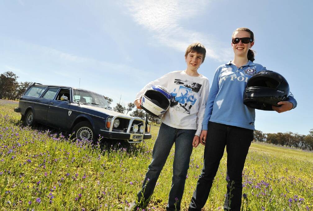 Liam, 12 and Erica Hawkins, 15 at the Wagga District Car Club Motorkhana event at Illabo. Picture: Alastair Brook