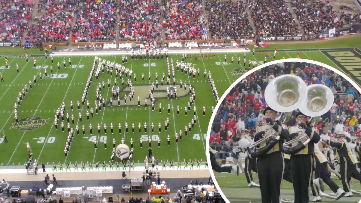 The marching band formed into the shape of the world-famous dog before playing theme song. Picture by Purdue "All-American" Marching Band on Facebook.