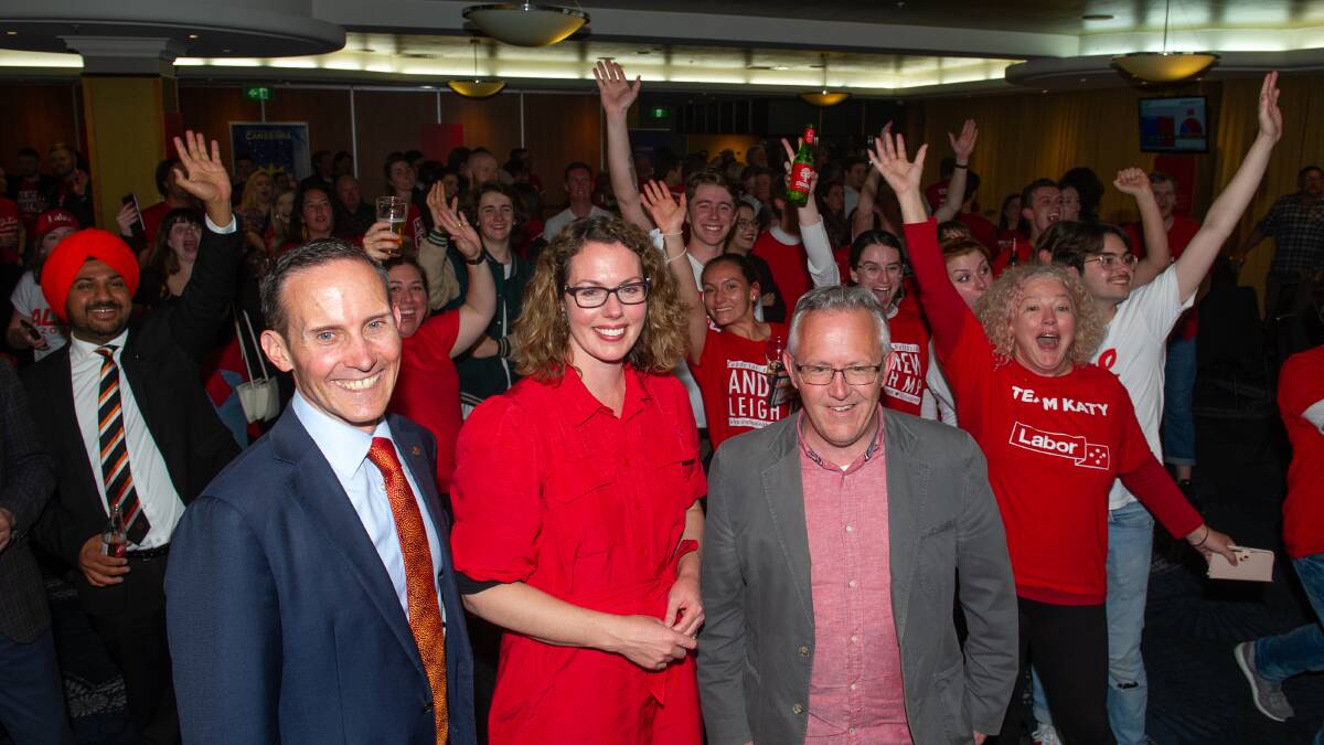 Andrew Leigh, Alicia Payne and David Smith at the Labor Party Election Party at the Belconnen Labor Club. Picture: Elesa Kurtz