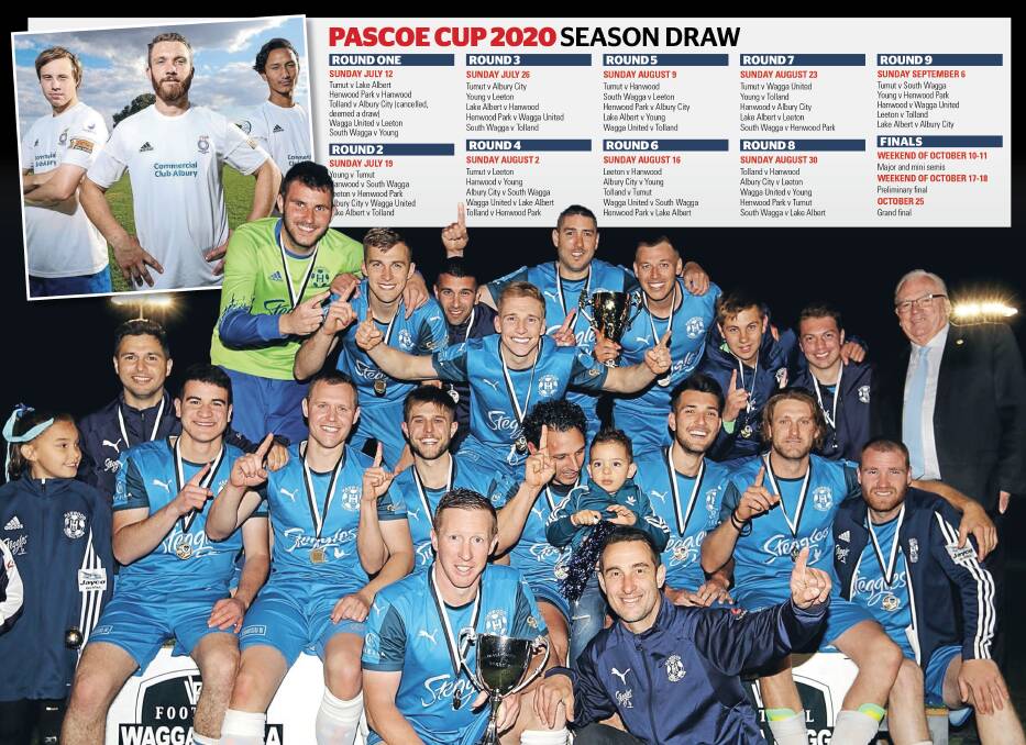 CHAMPIONS: Hanwood beat Lake Albert
in an extra-time thriller in last year's grand
final, while Albury City FC (top left) are keen to join the competition for 2020.
Pictures: Les Smith and The Border Mail