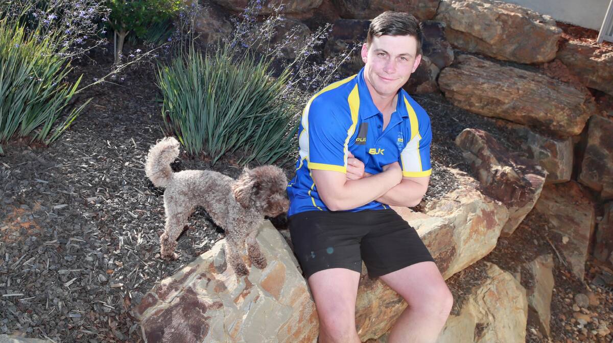 ON BOARD: Newly re-signed Junee coach Trent Schubach at home with two-year-old
poodle Bindi on Friday. Picture: Les Smith