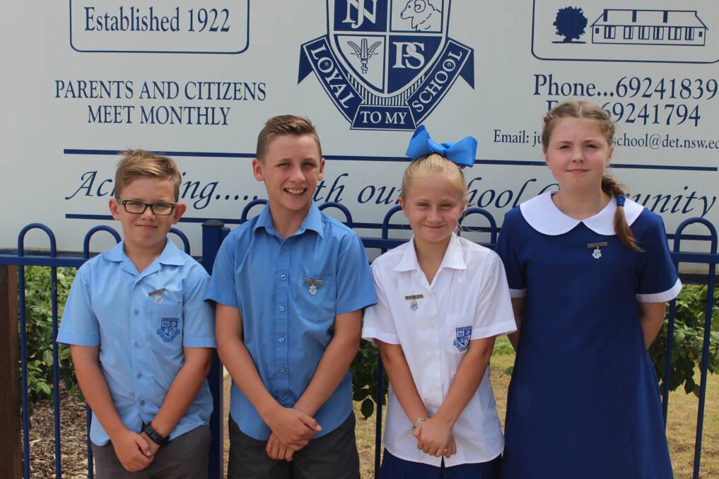TIME TO STEP UP: Junee North PS captains Jaxson Allen and Erica Wooden (centre) will be supported by Cooper Vanzanten (left) and Maggie Hawke (right).