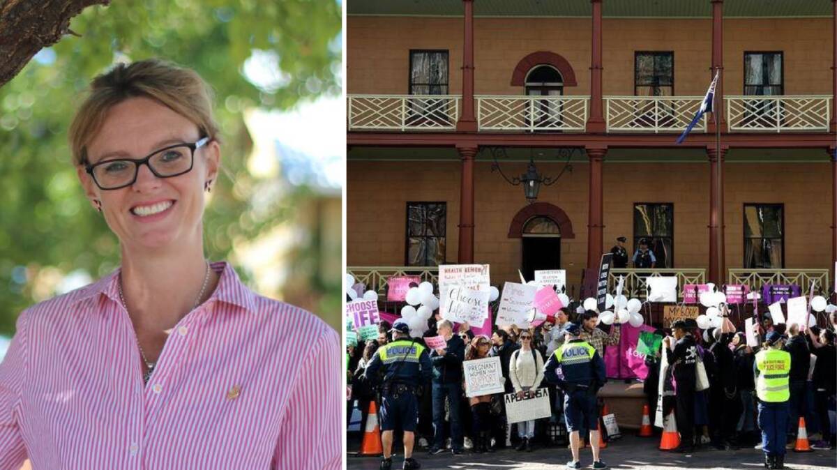 STAYING SILENT: Cootamundra member Steph Cooke (left) has kept tight-lipped on her convictions ahead of the vote that has divided pro-choice and pro-life advocates on the steps of NSW Parliament this week (right).