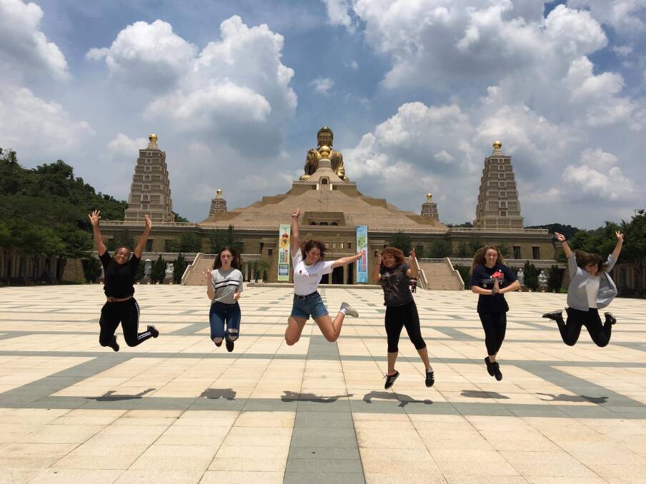 LINGUISTIC LEAP: Jasmine Phillips (second from right) with Swanel from Canada (far left), Kayla and Tahlia from Australia, Jaylee from USA and Reira from Japan. At the Fo Guang Shan Buddhist Temple in Dashu District Kaohsiung.