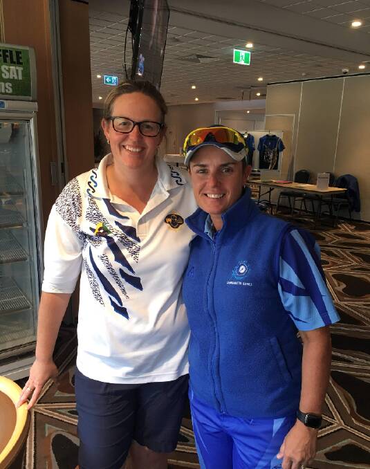 RIVALRY: Junee champion Stacey Hague with Australian title holder Karen Murphy after the round four game last week at the NSW Champion of Club Champion Singles.