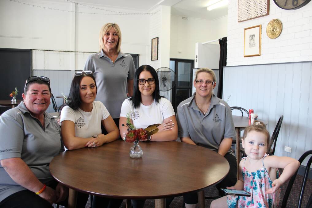 HELPING HOTEL: Leasa Toll, Tearnna Mitchell, Jodie Coote, Madison Quinn and Tina Anderson with three-year-old Addison Walker, at the Loco Hotel. Picture: Emma Horn