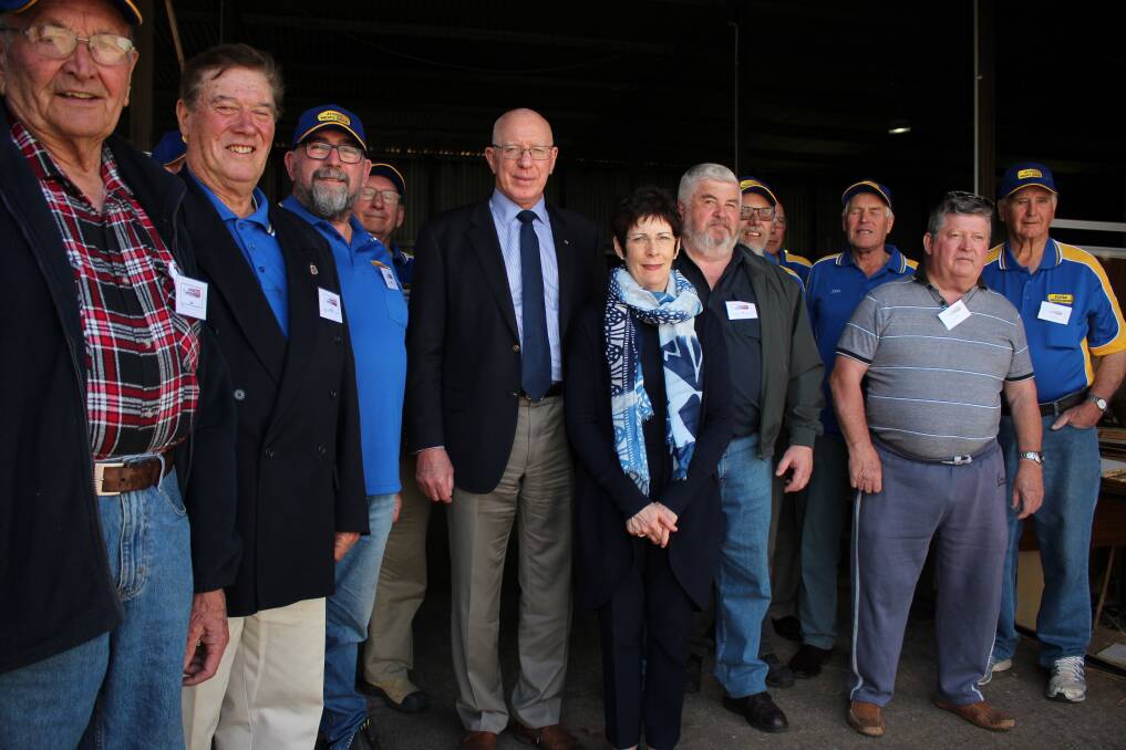 MEET AND GREET: His Excellency The Honourable David Hurley and Linda Hurley at the Junee Men's Shed with current members. Picture: Emma Horn