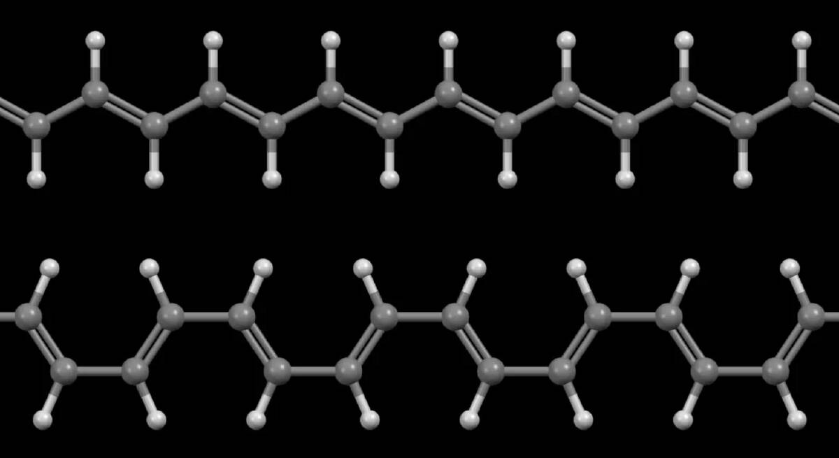 Ball-and-stick model of polyacetylene showing the single- and double-bonds between the carbon (dark grey) atoms, as well as the hydrogen atoms (light grey). Picture by Wikimedia Commons.