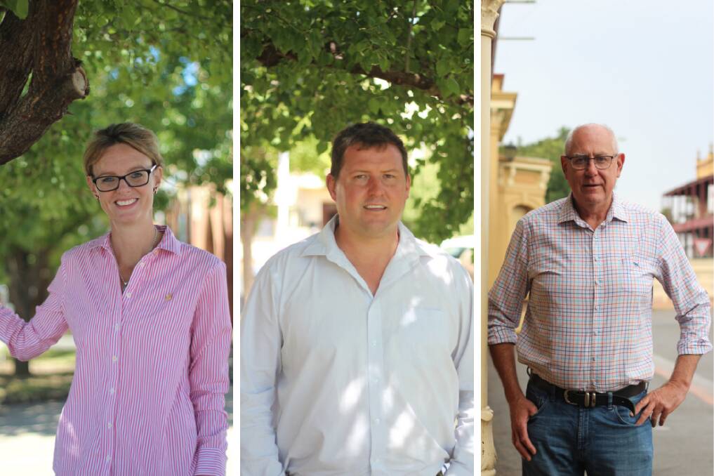 CANDIDATE CRUSH: Nationals member Steph Cooke, Shooters, Fisher and Farmers candidate Matthew Stadtmiller and Country Labor candidate Mark Douglass. Pictures: Emma Horn