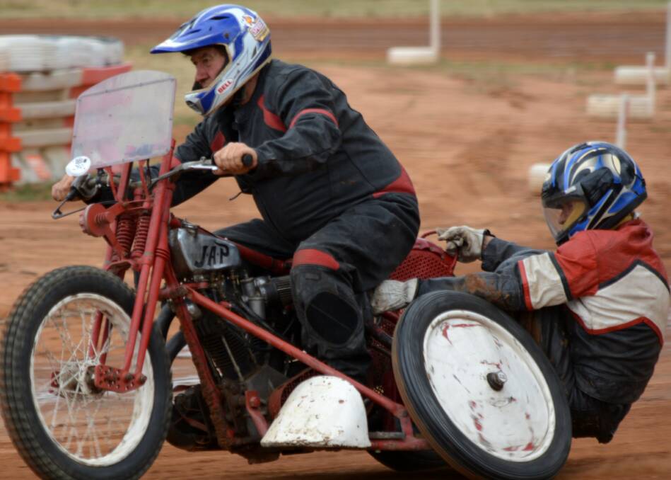 NEED FOR SPEED: Kerry Phelan and Joe Belling demonstrating the Trounson JAP Sidecar outfit at October's speedway meeting. Picture: supplied