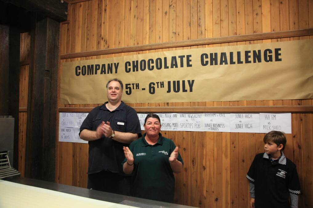 SWEET VICTORY: Nicholas Pyers and Leasa Toll, of the Rhythm and Rail team, prepare to take on the Junee Business and Trade team at Thursday's company chocolate challenge. Picture: supplied