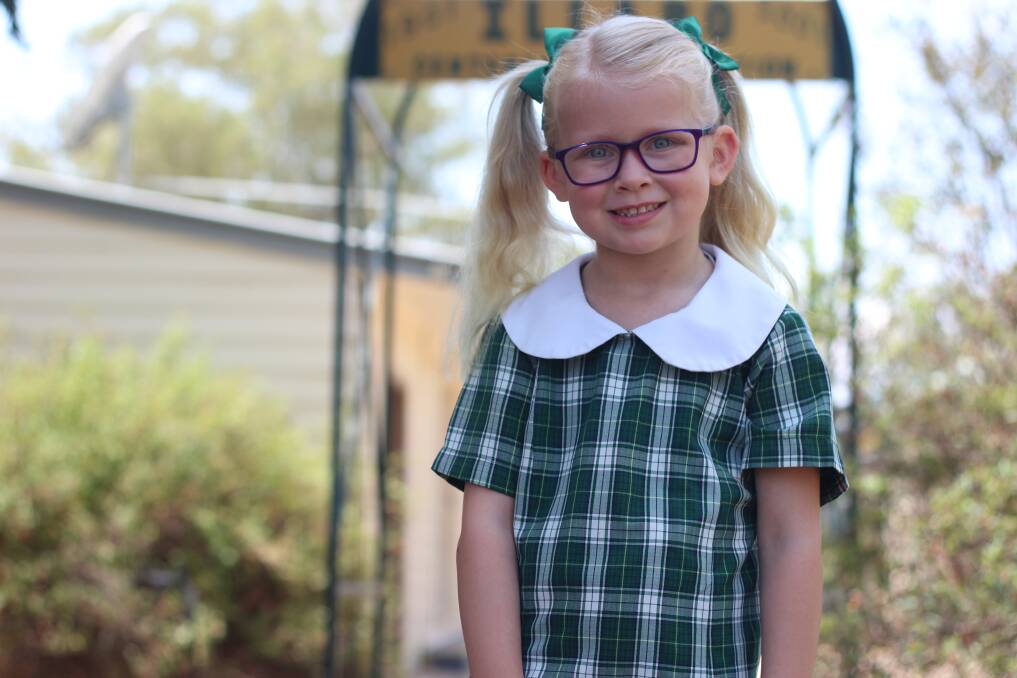 BIG SCHOOL: Zailey Pratt, aged 4, in her new uniform about to start her first day at Illabo Primary School. Picture: Emma Horn