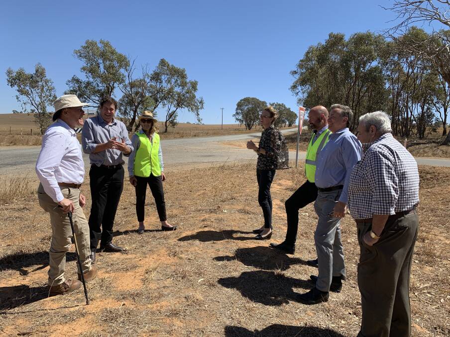 Junee Mayor Neil Smith, Coolamon Council GM Tony Donoghue, Acting Senior Manager Regional Customer Service at RMS Joanne Cheshire, Steph Cooke MP, Junee Director of Engineering Services Col Davis, Junee GM James Davis and Coolamon Mayor John Seymour at Marrar Rd South. Picture: supplied