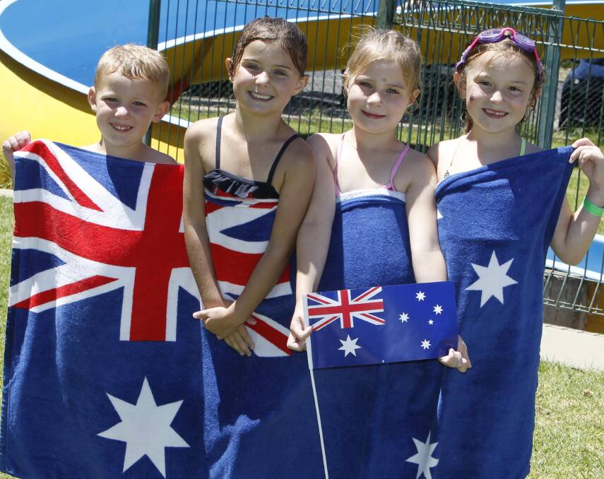 Australia Day 2017 celebrations: Mason Butt, 4, Paige McAlister, 5, Imogen Dobson, 5, and Sienna Butt, 7, at the Junee Junction Recreation and Aquatic Centre. Picture: Les Smith